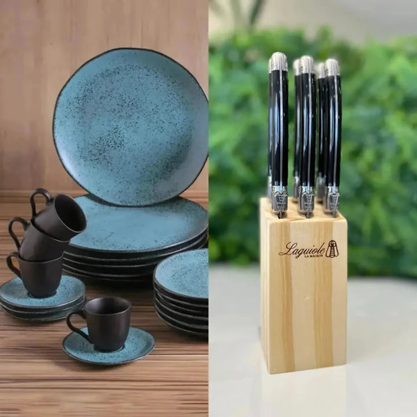 Kit Aparelho de Jantar Stoneware Orgânico Petroleum 30 Peças Porto Brasil + Faqueiro Laguiole La Maison Luxo Preto 30 Peças
