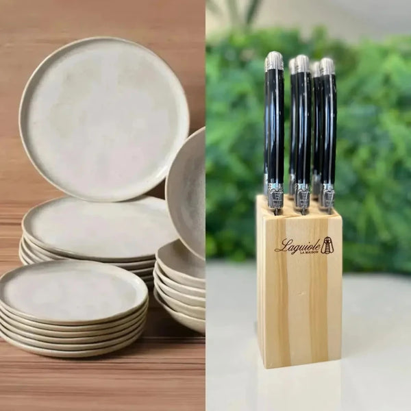 Kit Aparelho de Jantar Stoneware Bio Latte 30 Peças Porto Brasil + Faqueiro Laguiole La Maison Luxo Preto 30 Peças