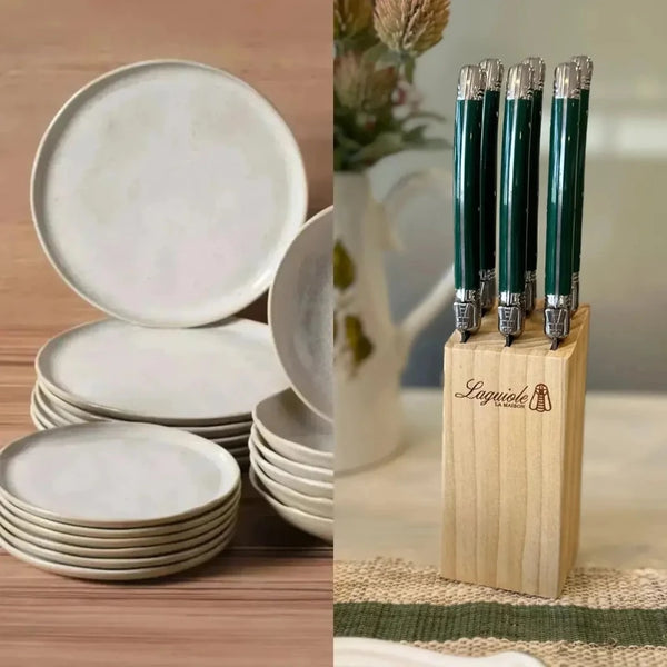 Kit Aparelho de Jantar Stoneware Bio Latte 30 Peças Porto Brasil + Faqueiro Laguiole La Maison Luxo Verde 30 Peças