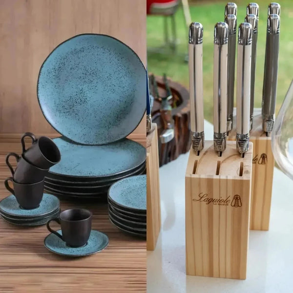 Kit Aparelho de Jantar Stoneware Orgânico Petroleum 30 Peças Porto Brasil + Faqueiro Laguiole La Maison Luxo Marfim 30 Peças