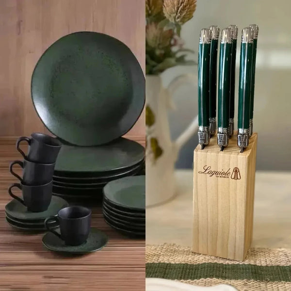 Kit Aparelho de Jantar Stoneware Orgânico Arauco 30 Peças Porto Brasil + Faqueiro Laguiole La Maison Luxo Verde 30 Peças