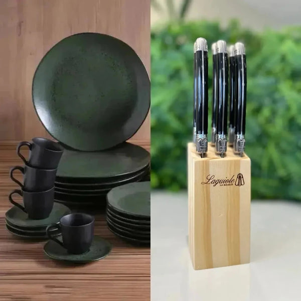 Kit Aparelho de Jantar Stoneware Orgânico Arauco 30 Peças Porto Brasil + Faqueiro Laguiole La Maison Luxo Preto 30 Peças
