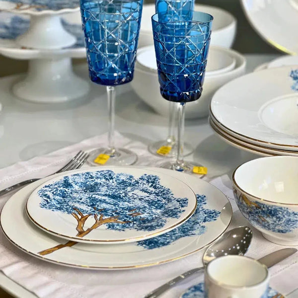 Aparelho de Jantar Cerâmica Ypê Azul com Filete de Ouro 30 Peças Scalla