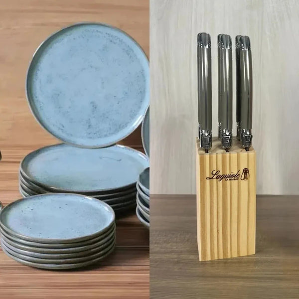 Kit Aparelho de Jantar Stoneware Bio Breeze 30 Peças Porto Brasil + Faqueiro Laguiole La Maison Luxo Cinza 30 Peças