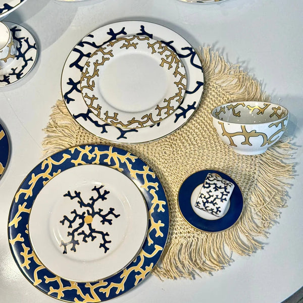 Aparelho de Jantar Cerâmica Coral Blue Gold (Branco com Azul e Azul com Amarelo) 30 Peças Scalla